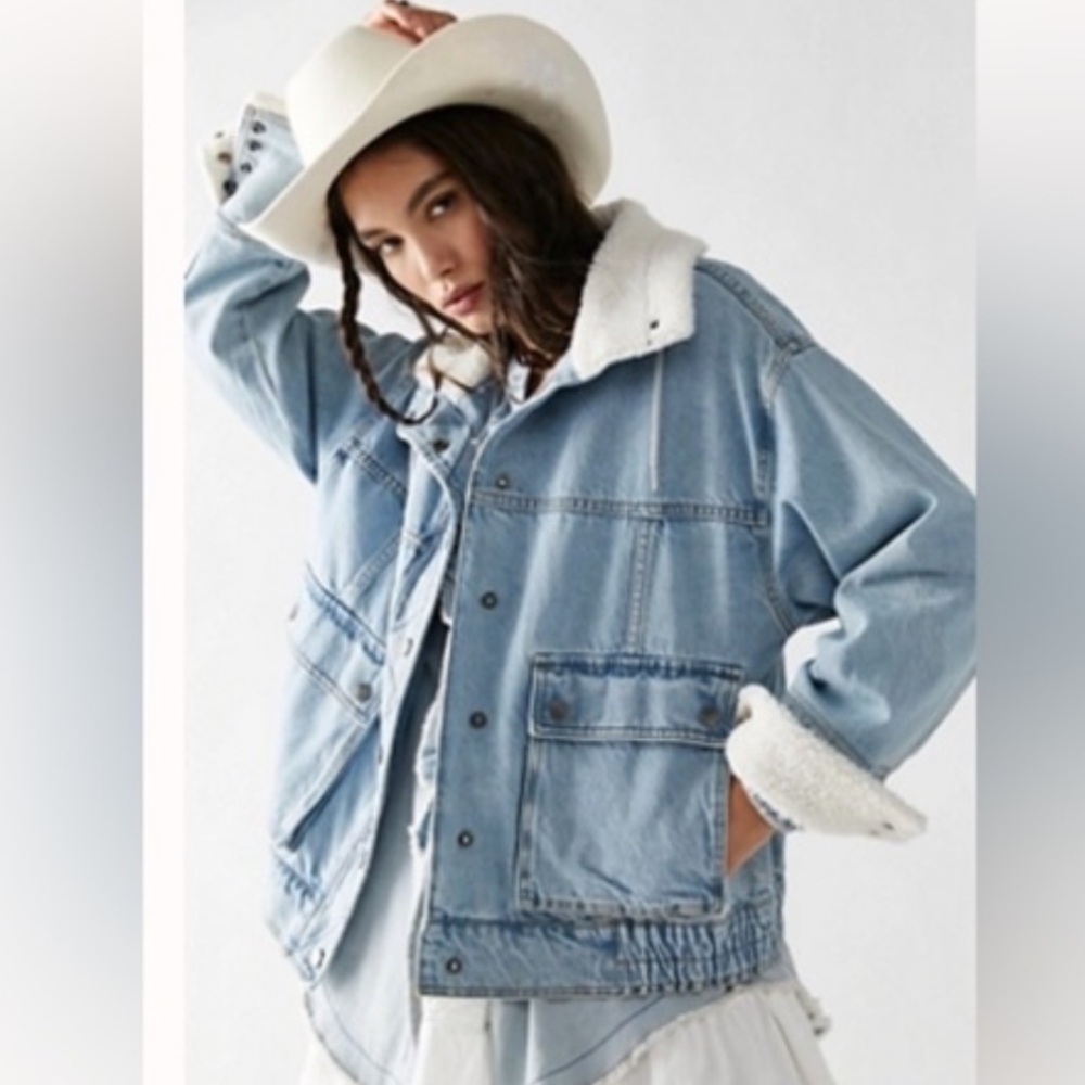 Free People Blue Denim Jacket with White Sherpa Collar
